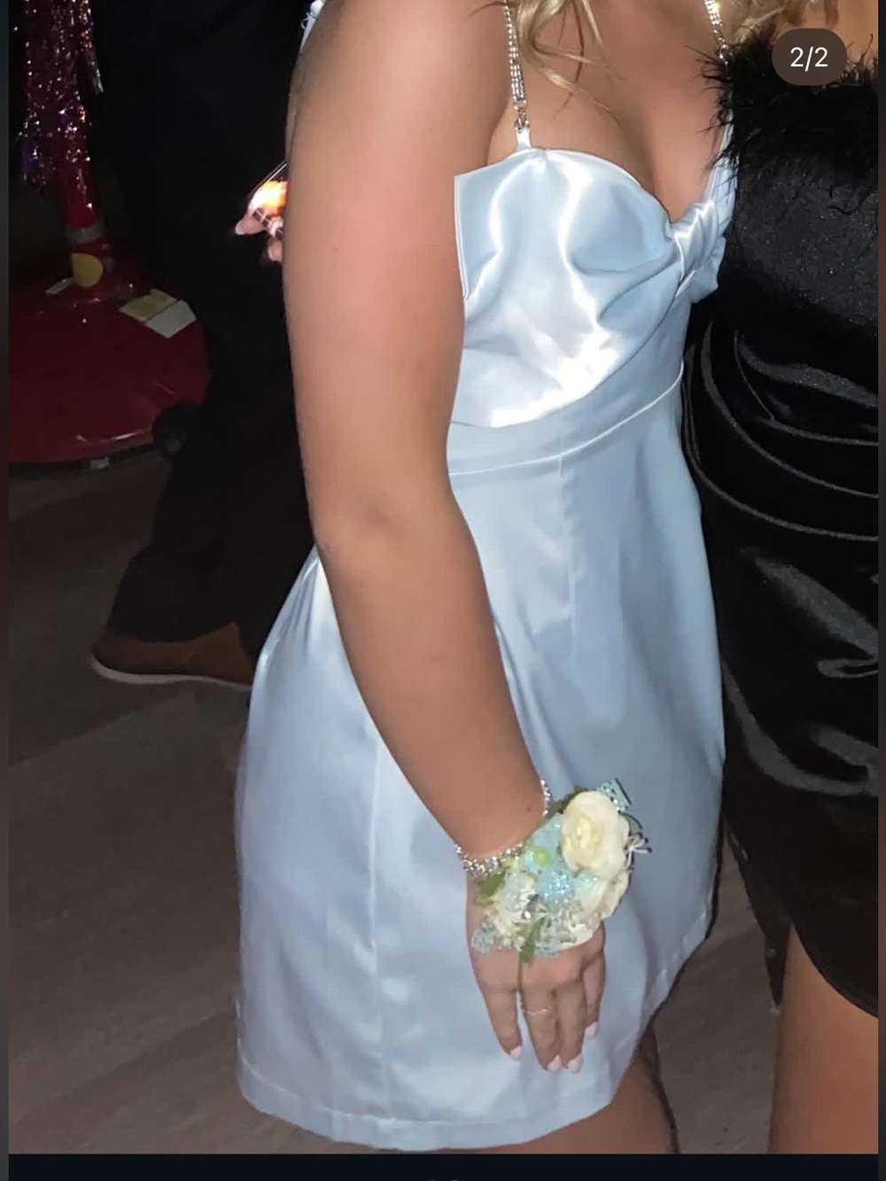 Light Blue Satin Mini Dress with Rhinestone Straps